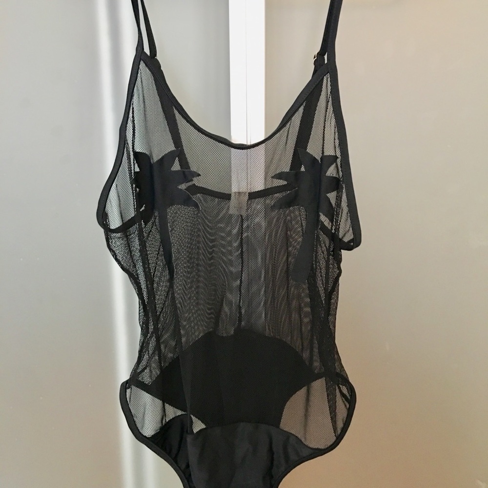 Black mesh bodysuit with palm tree detail
